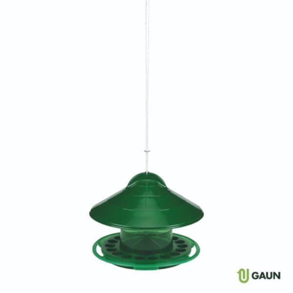 Comedero para aves y pájaros, alimentador con plato y bebedero de plástico verde.
