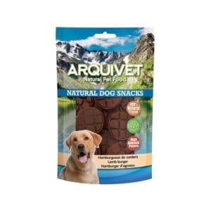 Alimento natural para perros con sabor a cordero, snack saludable y alto en proteínas.