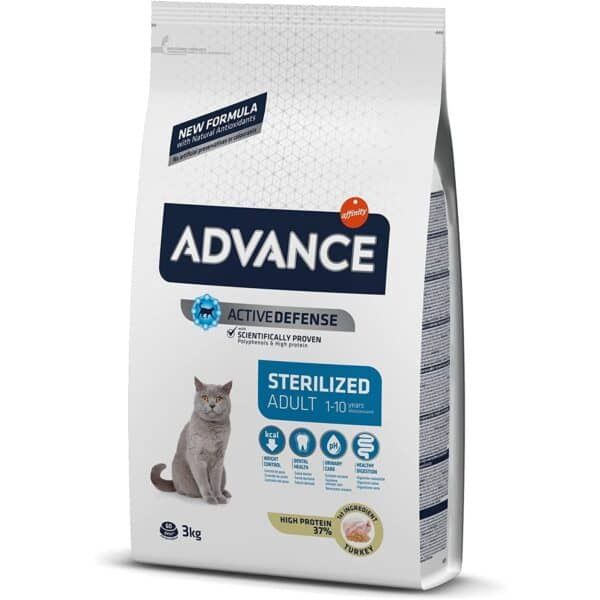 Advance alimento para gatos adultos esterilizados, 3 kg, con fórmula activa defensa y ingredientes de alta calidad.