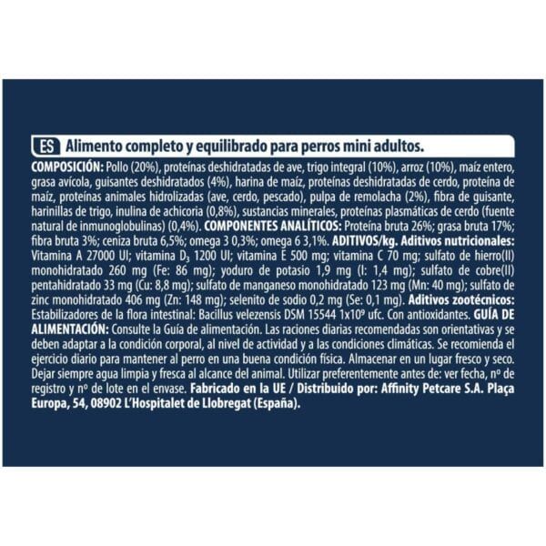 Alimento completo para perros mini y adultos con pollo, arroz y proteínas deshidratadas.