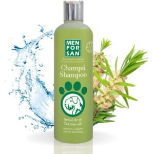 Champú para mascotas con árbol de té y aloe vera, cuidado y relajación para perros y gatos.