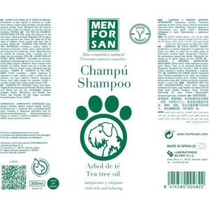 Tienda online de champú con árbol de té para mascotas, natural y vegano, cabello limpio y relajado.