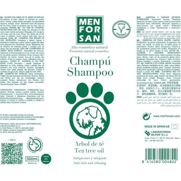 Tienda online de champú con árbol de té para mascotas, natural y vegano, cabello limpio y relajado.