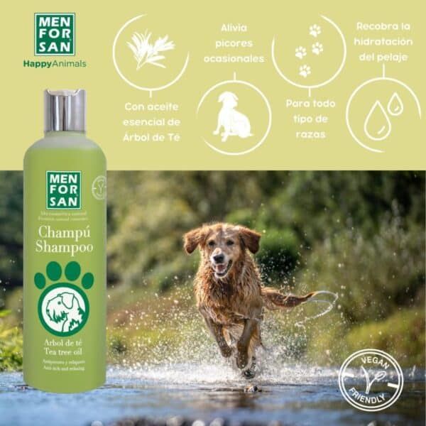 Cuidado natural para perros con champú de árbol de té y aloe vera, vegano y respetuoso con el medio ambiente marketing para mascotas.