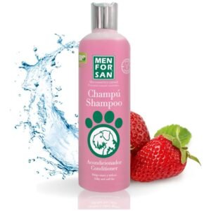 Champú y acondicionador para perros, hidratante y suave, con fragancia de fresa y aloe vera, en envase rosa.