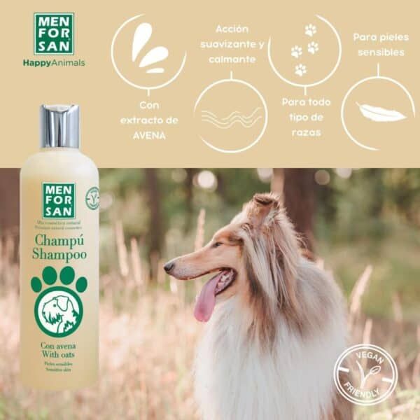 Suave champú para perros con avena y extracto de avena, ideal para pieles sensibles y todo tipo de razas.