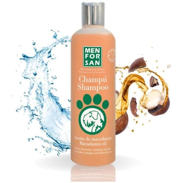 Champú para perros con aceite de macadamia, natural y suave, ideal para el cuidado del pelaje canino.
