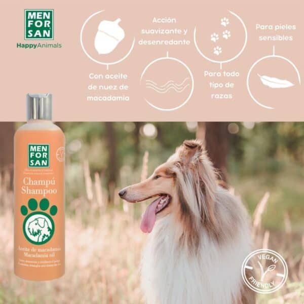 Suavizante para perros con aceite de nuez de macadamia y aromas naturales, ideal para pieles sensibles y todo tipo de razas.