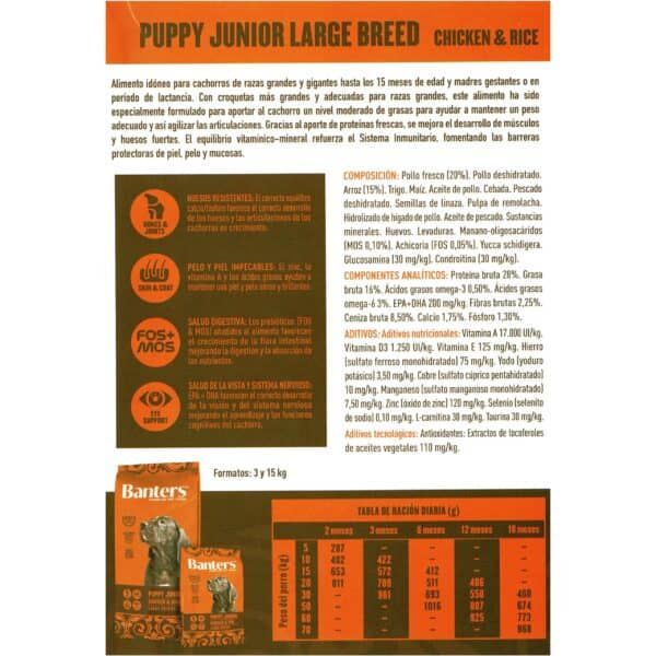 Puppy Junior Large Breed pollo y arroz alimento para cachorros grandes y gigantes.