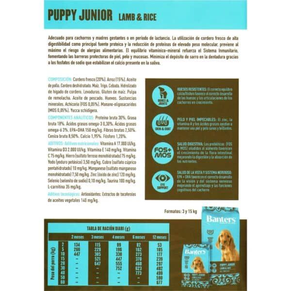 Alto texto: Pienso para cachorros y madres gestantes con cordero y arroz, refuerza el sistema inmunitario.