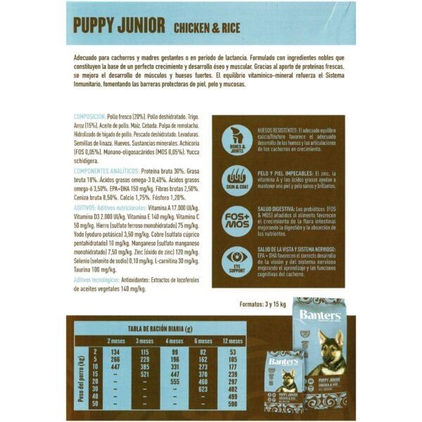 Puppy junior pollo y arroz comida para cachorros raza pequeña, ideal para madres gestantes y lactantes, con ingredientes nobles y vitaminas esenciales.