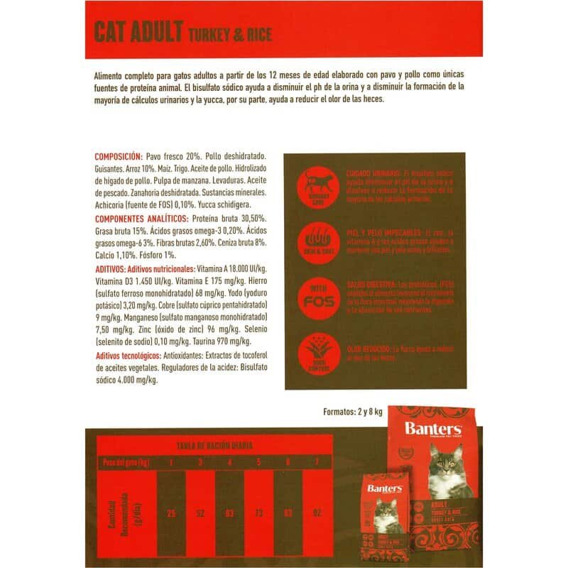 Alimentos para gatos adultos de pollo y arroz, fórmula completa y equilibrada.