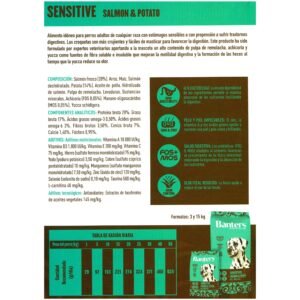 Salmon y patata para perros sensibles, fácil digestión y alta palatabilidad, fórmula natural y saludable.