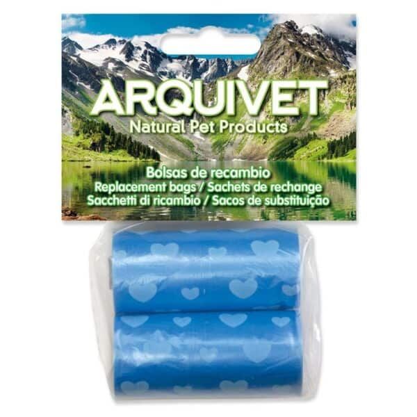 Bolsas de recambio para mascotas, ideales para transporte y higiene. Pack de 3 bolsas de tamaño compacto y diseño con corazones azules.