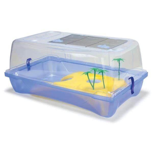 Vivienda para tortugas con arena y plantas artificiales, ideal para mascotas acuáticas.