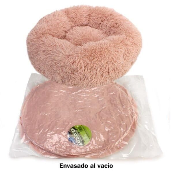 Almohada de peluche rosa en embalaje al vacío para mascotas y niños.