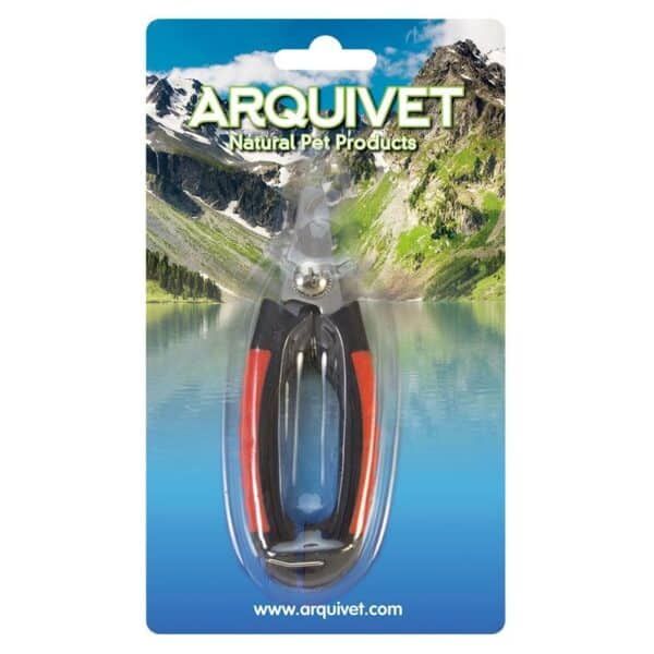 ArquiVet natural pet products grooming scissors with mountains and lake background.
