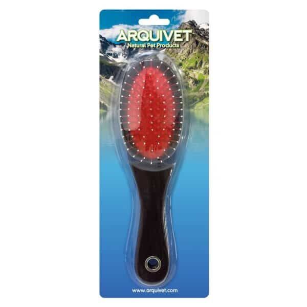 Cepillo para mascotas con cerdas suaves y recubrimiento antideslizante, ideal para el cuidado de animales.