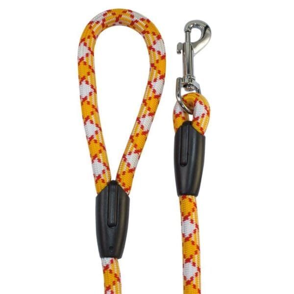 Cuerda de perro con clip de seguridad y diseño ligero en colores amarillo, blanco y rojo.