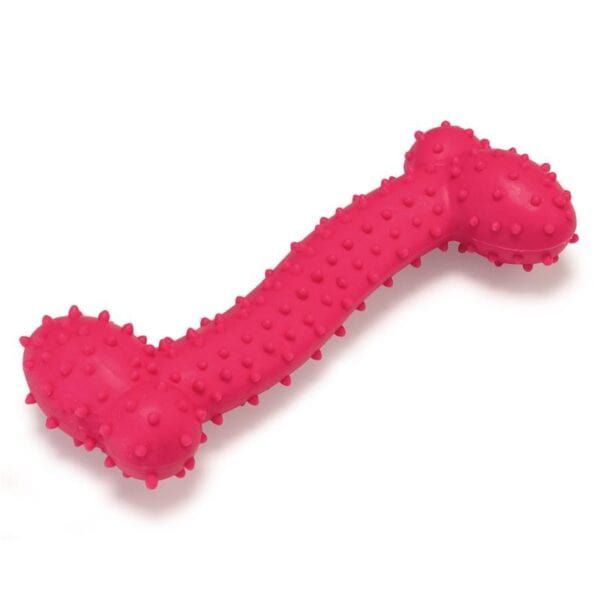 Forma de hueso de perro antiestrés en silicona rosa con superficie texturizada.