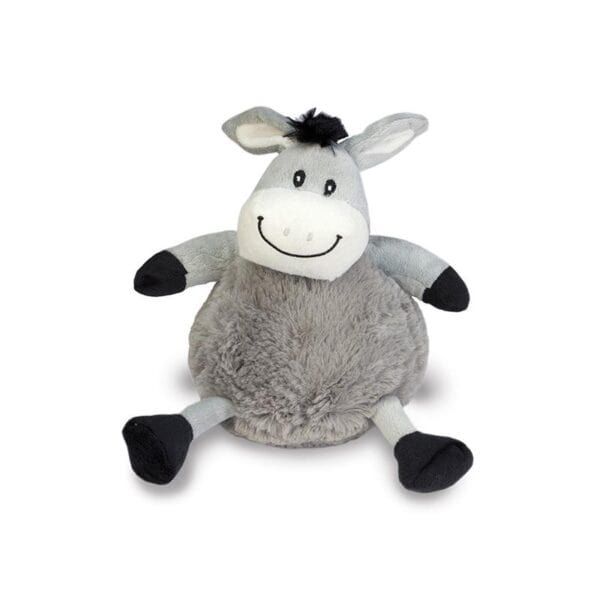 Conjunto de peluche de burro gris con cuerpo esponjoso y expresivo rostro sonriente.