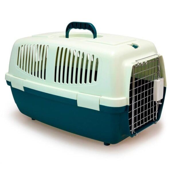 Transportín para mascotas con apertura lateral y ventilación óptima.