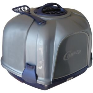 Apariencia de una caja de transporte para gatos de color gris con accesorios de ventilación.