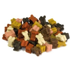 Coloridos caramelos en forma de hueso para mascotas, ideal para perros y gatos.