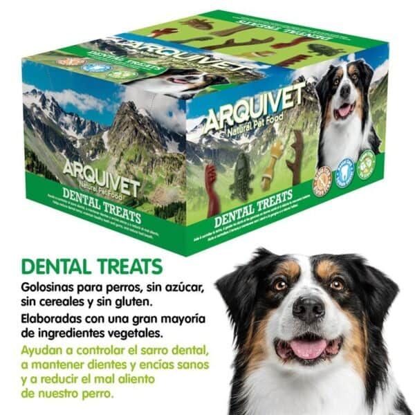 Arqui vet golosinas para perros, sin azúcar, cereales ni gluten, con ingredientes vegetales saludables, control del sarro dental y salud bucal.