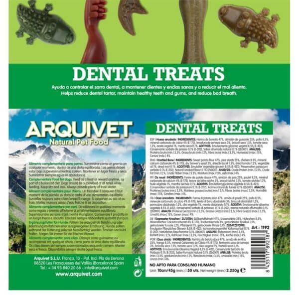 Arnés dental para perros con ingredientes naturales, ayuda a mantener dientes y encías sanos. Envase de 45 g, saborbacalao, masticación saludable.