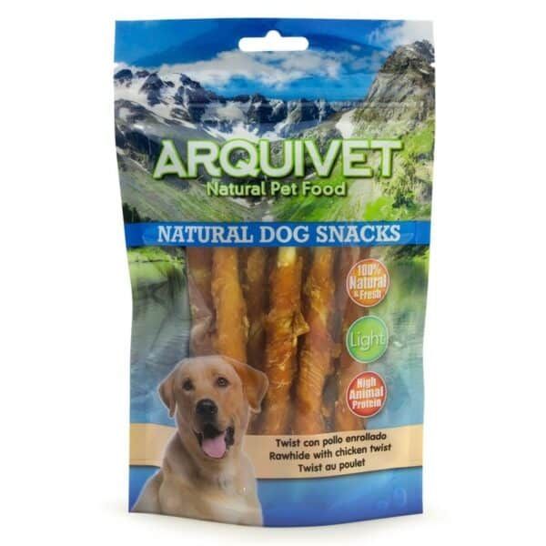 Arquivet natural para perros, snacks de pollo en twist, alimento saludable y fresco para mascotas.