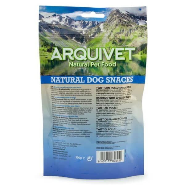 Arquívet comida natural para perros, snacks con pollo en envoltorio.