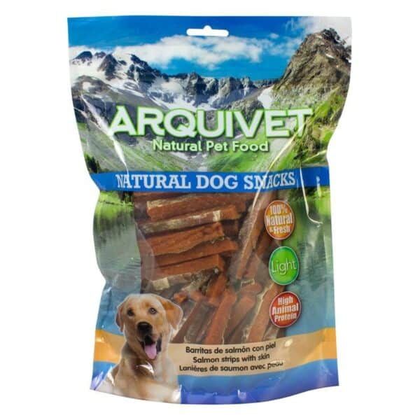 Arquivet comida natural para mascotas, snacks para perros de salmón con piel, snack saludable y proteico para perros.