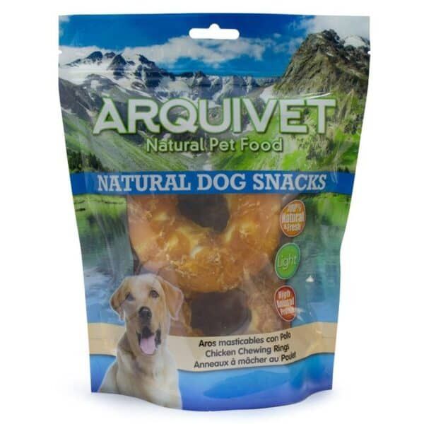 Aros masticas con pollo para perros, snacks naturales y saludables para mascotas.