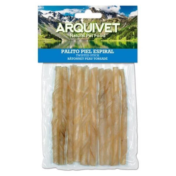 Palito de piel espiral para mascotas, snack natural y saludable para perros y gatos.