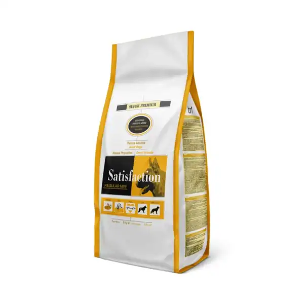 Perro pienso premium satisfacción para perros adultos y cachorros, fórmula equilibrada y nutritiva.