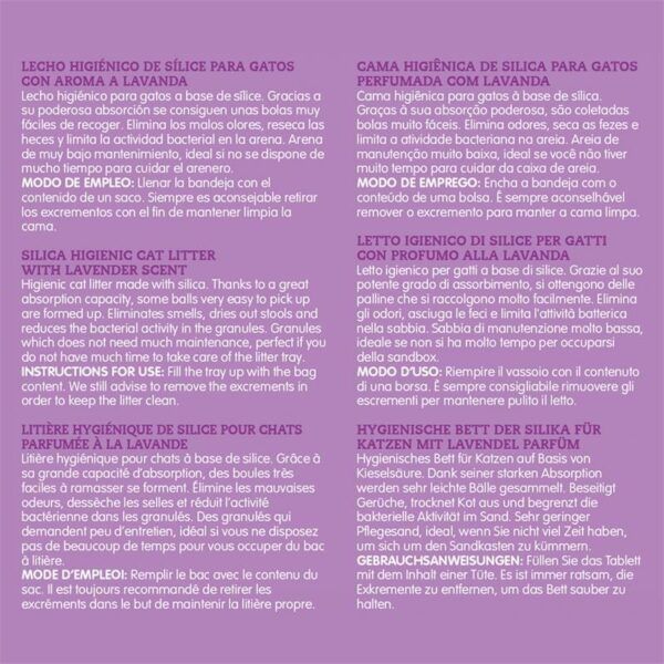 Lecho higiénico de silicona para gatos con aroma a lavanda, absorción fácil y elimina olores, ideal para la higiene del felino.