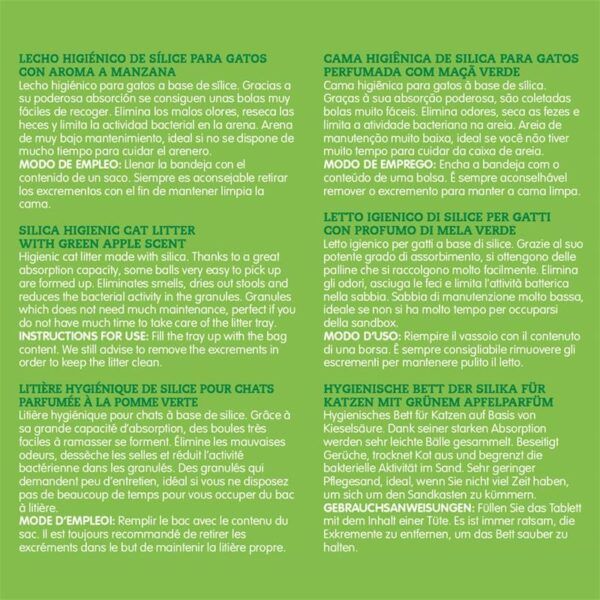 Lecho higiénico para gatos con aroma a manzana, en papel de silicio, fácil de limpiar y reducir olores y bacterias.