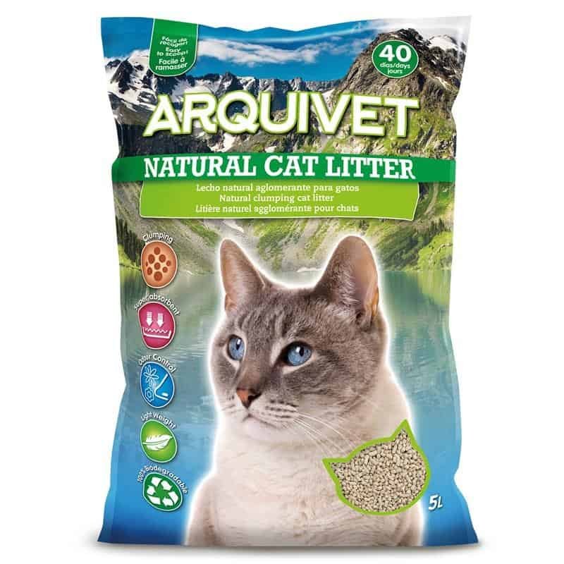 Arenero para gatos natural con semillas y diseño ecológico.