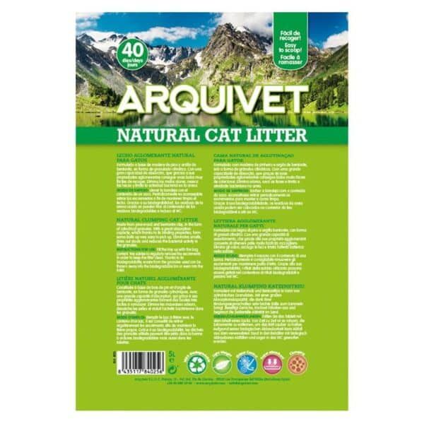 ArquiVet arena de gato natural, 40 días de duración, fácil de recoger y compostar.