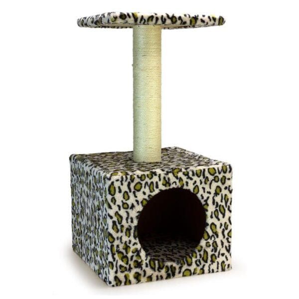 Torre rascador para gatos con felpa de leopardo y altura ideal para mascotas.