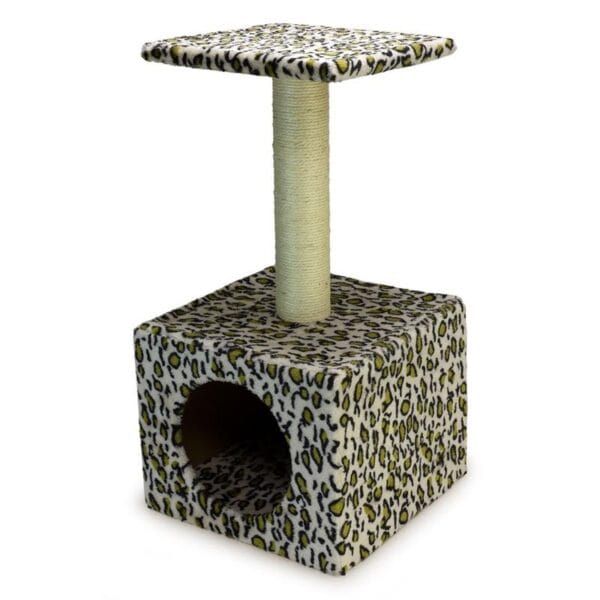 Rascador para gatos con estructura de felpa con estampado de leopardo, poste de sisal y espacio de escondite.