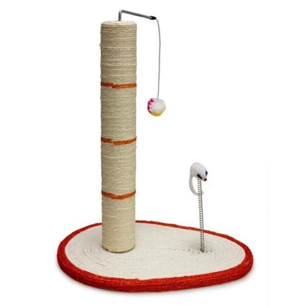 Rascador para gatos con base redonda y felpa, incluyendo juguete y poste rascador con forma de cisne.