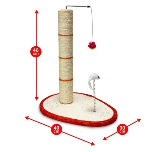 Alt text: Rascador para gatos de cartón con poste y juguetes, 46 cm de altura.