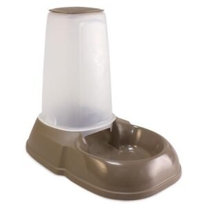 Comedero para mascotas con depósito de agua y plato de cerámica.