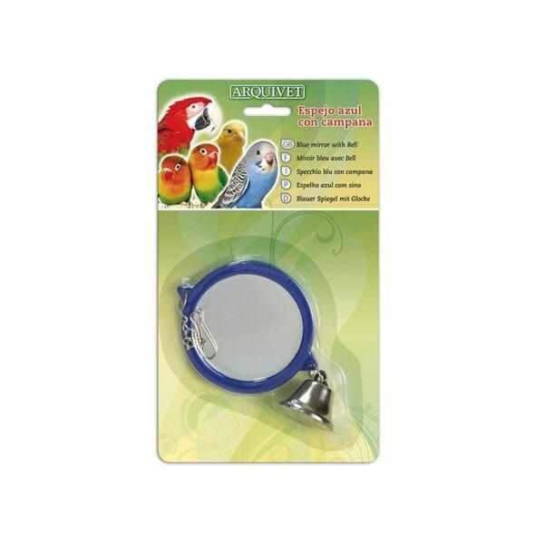 Espejo azul con campana para aves, ideal para colgar y observar a tus mascotas en casa.