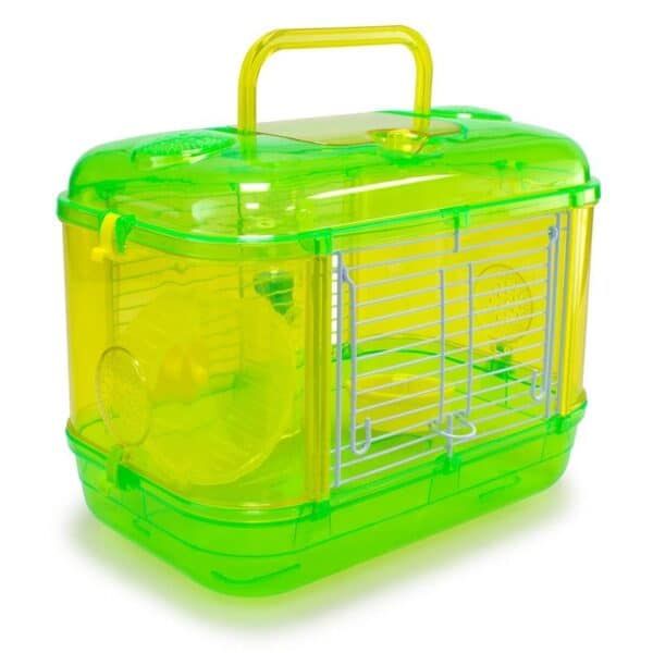 Vivienda para roedores y mascotas en color verde y amarillo, con abertura superior y espacios de ventilación.