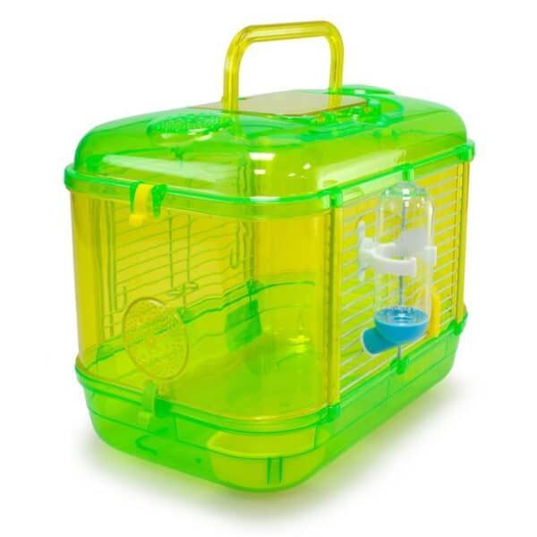 Jarrón de plástico para mascotas en color verde y amarillo con accesorios.