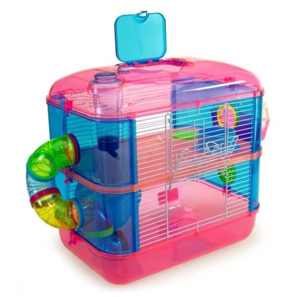 Mini jaula para roedores con túnel de colores vibrantes, ideal para mascotas pequeñas y diversión.