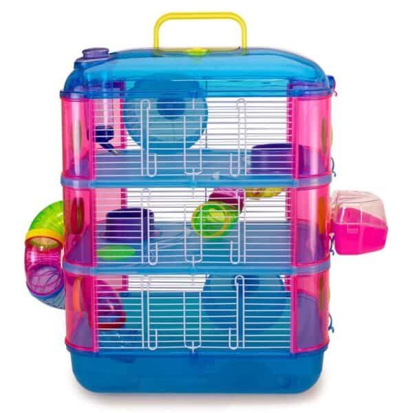 Campa hamster multicolor con accesorios, ideal para mascotas pequeñas.